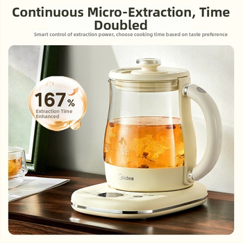 Midea elektromos egészséges teáskanna irodába és otthonra, modell YS15P304; kapacitás 1,5–2 L; test boroszilikát üvegből; 220V; 500–1000W; automatikus kikapcsolás.