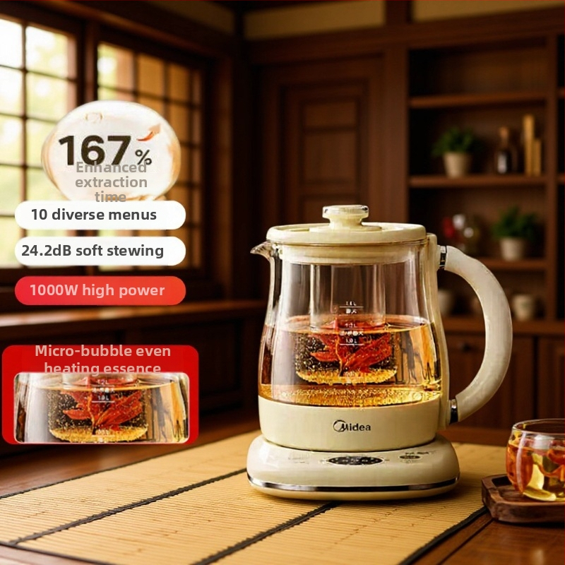 Midea elektromos egészséges teáskanna irodába és otthonra, modell YS15P304; kapacitás 1,5–2 L; test boroszilikát üvegből; 220V; 500–1000W; automatikus kikapcsolás.
