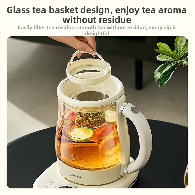 Midea elektromos egészséges teáskanna irodába és otthonra, modell YS15P304; kapacitás 1,5–2 L; test boroszilikát üvegből; 220V; 500–1000W; automatikus kikapcsolás.