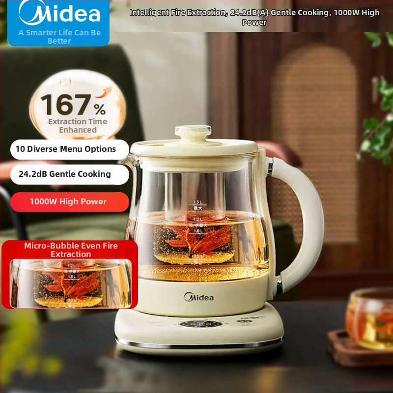 Midea elektromos egészséges teáskanna irodába és otthonra, modell YS15P304; kapacitás 1,5–2 L; test boroszilikát üvegből; 220V; 500–1000W; automatikus kikapcsolás.