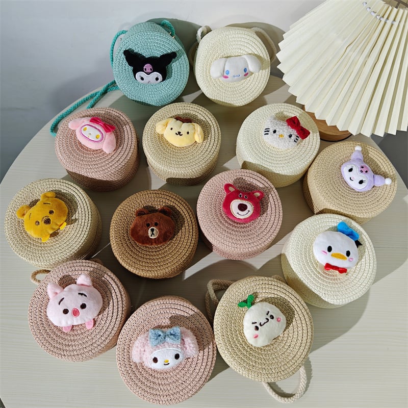 Dječja okrugla torba od slame s crtanim životinjama za svakodnevnu upotrebu