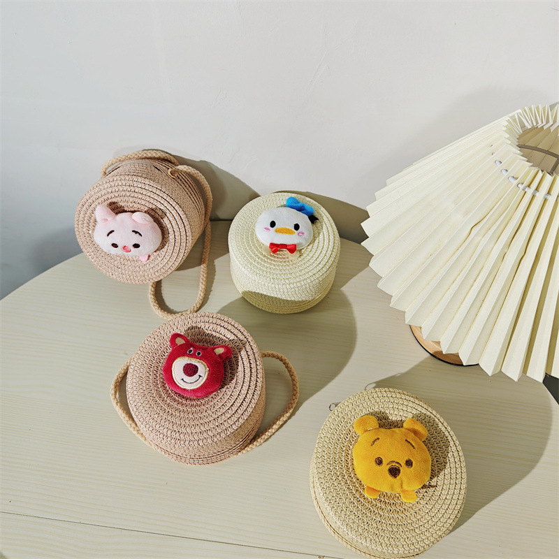 Dječja okrugla torba od slame s crtanim životinjama za svakodnevnu upotrebu