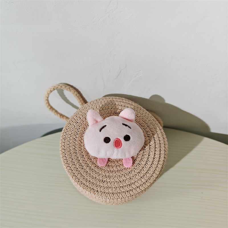 Dječja okrugla torba od slame s crtanim životinjama za svakodnevnu upotrebu