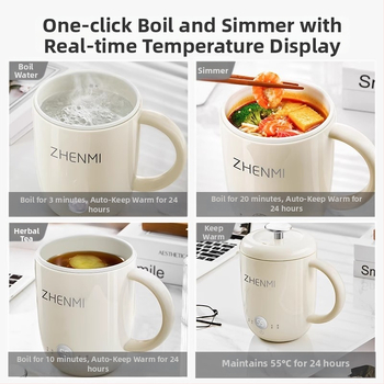 Zhenmi Egészség Teáskanna – Hordozható egy személyre szóló teakeverő, rozsdamentes acél test, 300W, Kapacitás <1 L, Digitális termosztát, érintéses vezérlés, levehető fedél