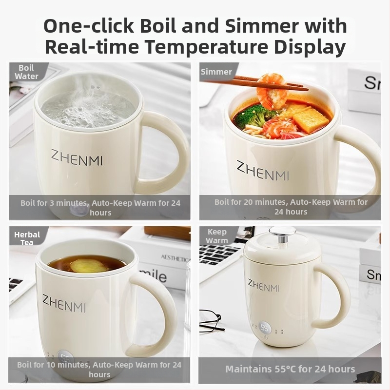 Zhenmi Egészség Teáskanna – Hordozható egy személyre szóló teakeverő, rozsdamentes acél test, 300W, Kapacitás <1 L, Digitális termosztát, érintéses vezérlés, levehető fedél