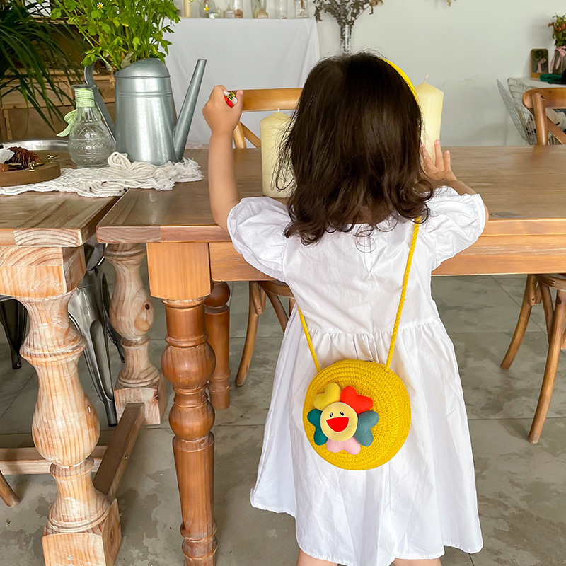 Geantă circulară din paie pentru fete, model fructe, portofel pentru monede, stil coreean