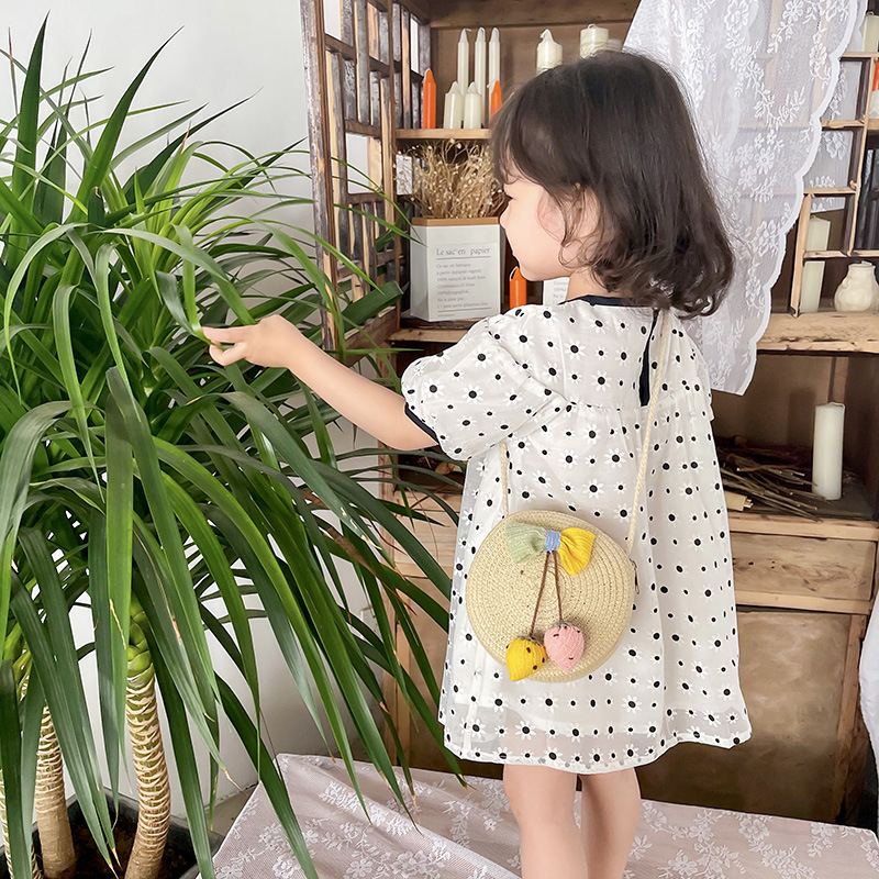 Geantă circulară din paie pentru fete, model fructe, portofel pentru monede, stil coreean