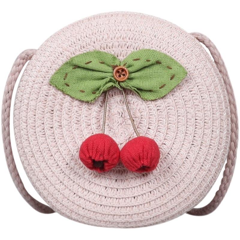 Geantă circulară din paie pentru fete, model fructe, portofel pentru monede, stil coreean