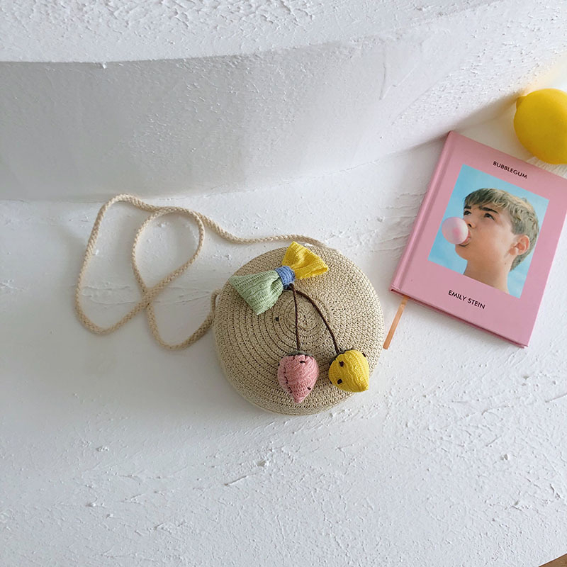 Geantă circulară din paie pentru fete, model fructe, portofel pentru monede, stil coreean