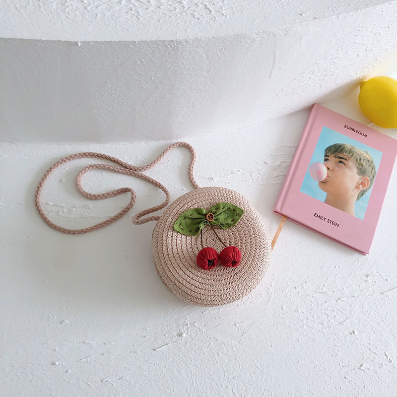 Geantă circulară din paie pentru fete, model fructe, portofel pentru monede, stil coreean