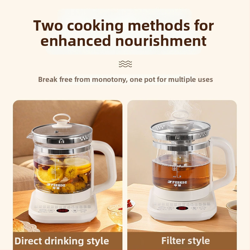 Oală semicirculară de sănătate pentru ceai și decocturi, multifuncțională, temperatură constantă, corp din sticlă borosilicat, 1,5–2 L, 220V, 300–350W