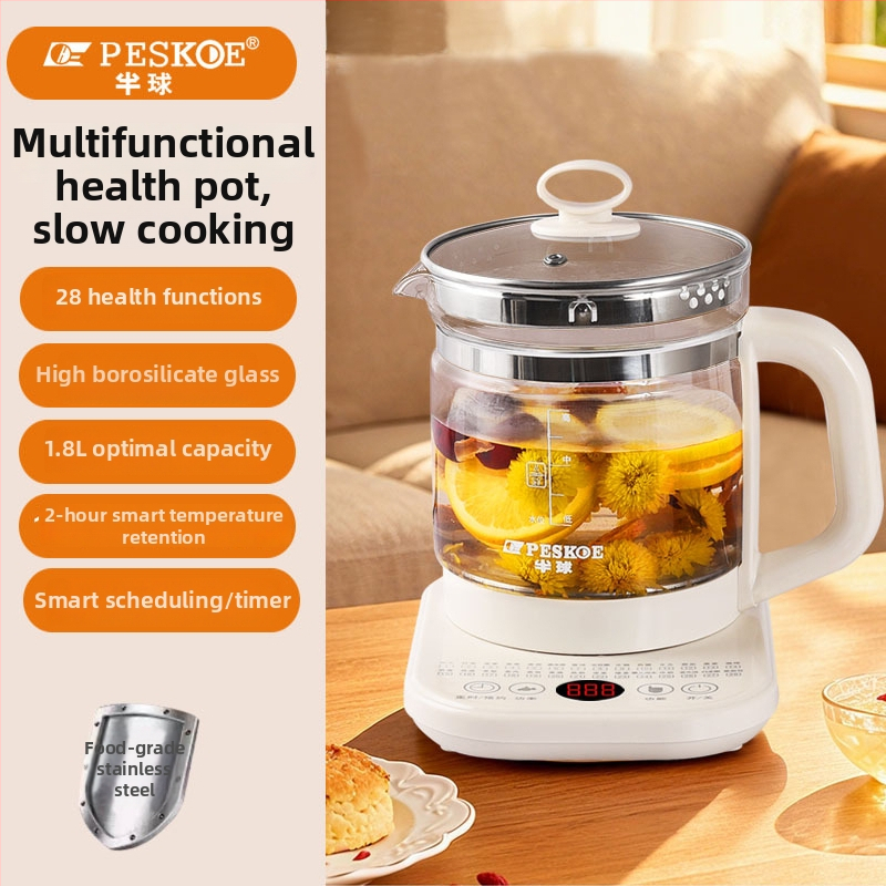 Oală semicirculară de sănătate pentru ceai și decocturi, multifuncțională, temperatură constantă, corp din sticlă borosilicat, 1,5–2 L, 220V, 300–350W