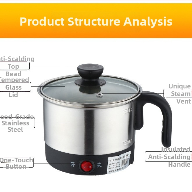 Електрическа тенджера за готвене с неръждаема стомана вътрешна камера; портативна за 1 човек; капацитет 2 л или по-малко; механичен контрол с бутони; бърза пара; подходяща за кипване на вода и готвене на нудели