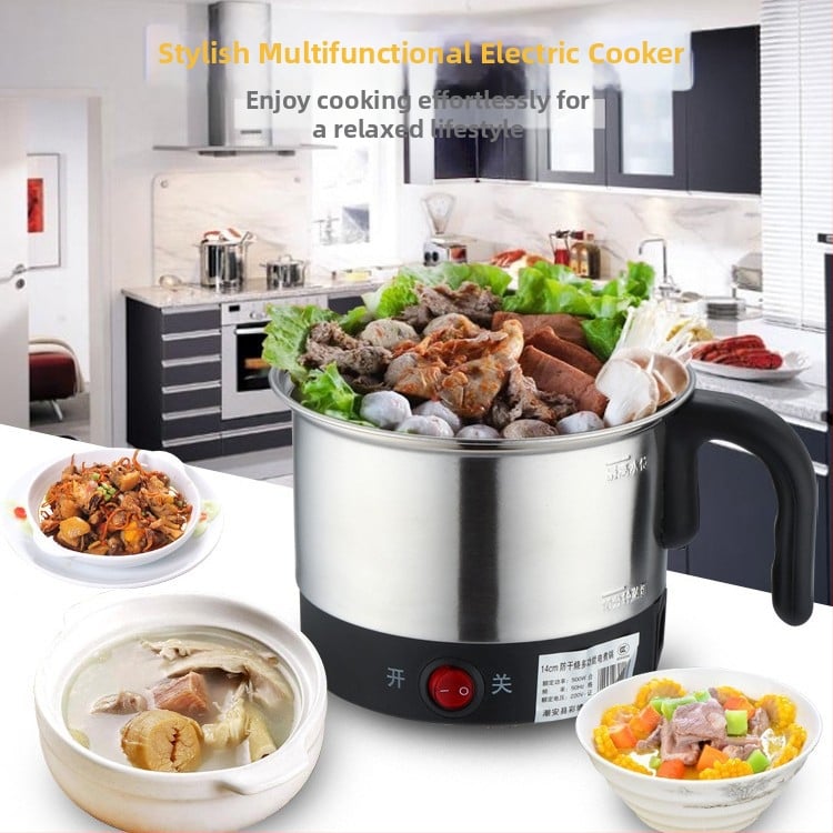 Електрическа тенджера за готвене с неръждаема стомана вътрешна камера; портативна за 1 човек; капацитет 2 л или по-малко; механичен контрол с бутони; бърза пара; подходяща за кипване на вода и готвене на нудели