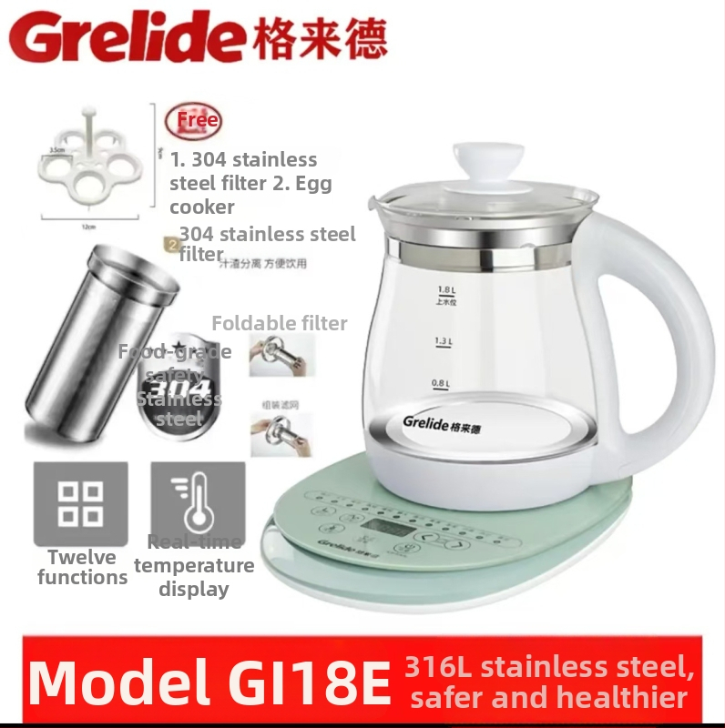 Fierbător electric pentru sănătate, model G118E (capacitate 1,5–2 L, 220V, 800W, corp din sticlă borosilicată)