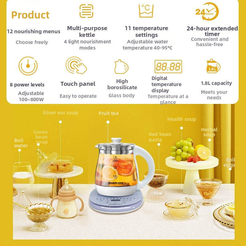 Fierbător electric pentru sănătate, model G118E (capacitate 1,5–2 L, 220V, 800W, corp din sticlă borosilicată)