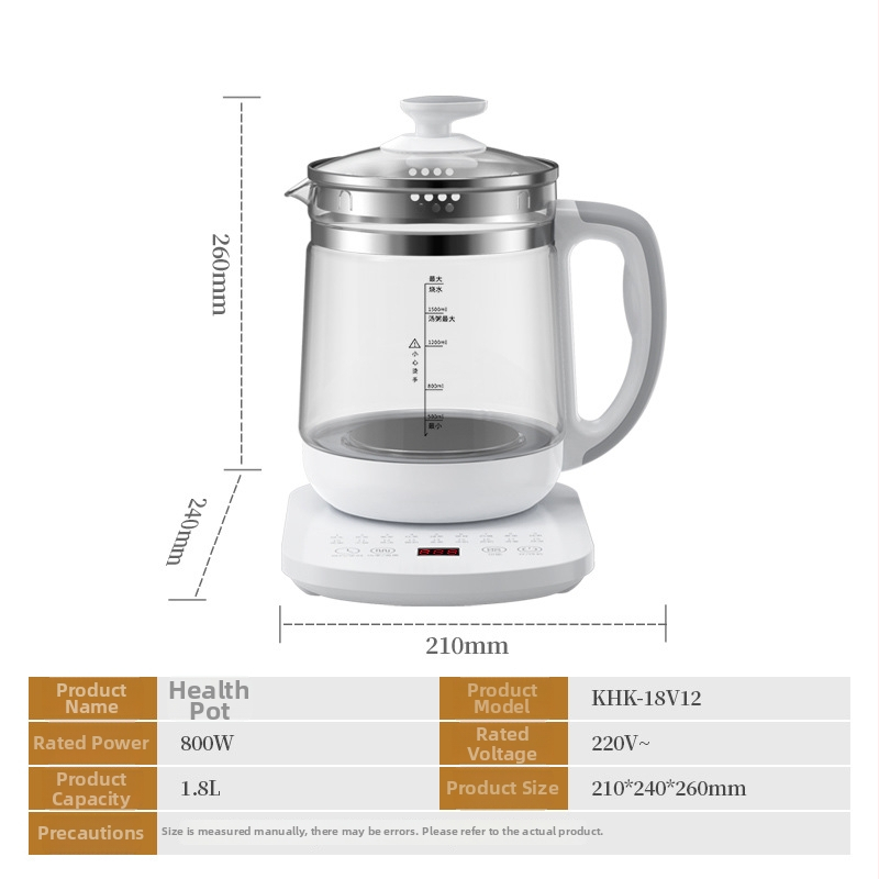Velle Health Pot – ceainic multifuncțional pentru casă și birou, capacitate 1.5–2 L, corp din sticlă borosilicat, 220 V, 500–1000 W, termostat electronic cu control tactil, pentru 2–3 persoane