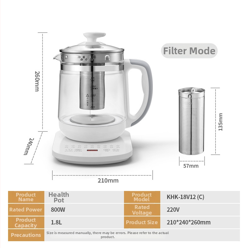 Velle Health Pot – ceainic multifuncțional pentru casă și birou, capacitate 1.5–2 L, corp din sticlă borosilicat, 220 V, 500–1000 W, termostat electronic cu control tactil, pentru 2–3 persoane