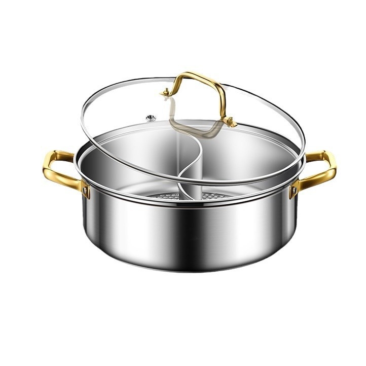 Хот пот с двойно вкусово разделение, от 304 неръждаема стомана, с прозрачен стъклен капак, капацитет 2.1–4 л, съвместим с универсална печка