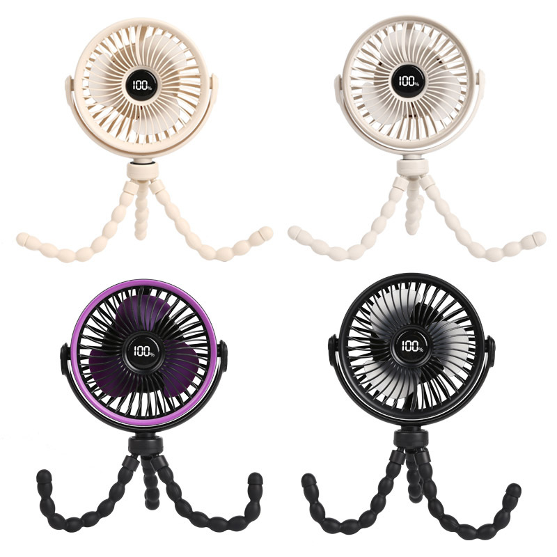 Ανεμιστήρας καροτσιού, στυλ χταπόδι, με 4 λεπίδες, ενσωματωμένη μπαταρία 2000–4000mAh, USB φόρτιση, κινητήρας χωρίς ψήκτρες, 5 ταχύτητες με ψηφιακή οθόνη και ήσυχη λειτουργία