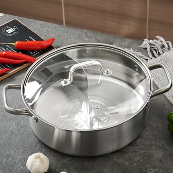 Oală de hot pot din oțel inoxidabil 304, design Mandarin Duck, compatibilă cu plitele cu inducție, capacitate 4,1–6 L, bază din trei straturi, capac din sticlă