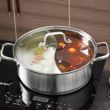 Oală de hot pot din oțel inoxidabil 304, design Mandarin Duck, compatibilă cu plitele cu inducție, capacitate 4,1–6 L, bază din trei straturi, capac din sticlă