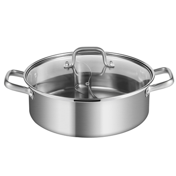 Oală de hot pot din oțel inoxidabil 304, design Mandarin Duck, compatibilă cu plitele cu inducție, capacitate 4,1–6 L, bază din trei straturi, capac din sticlă