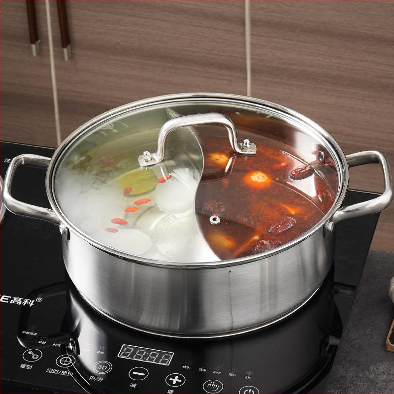 Oală de hot pot din oțel inoxidabil 304, design Mandarin Duck, compatibilă cu plitele cu inducție, capacitate 4,1–6 L, bază din trei straturi, capac din sticlă