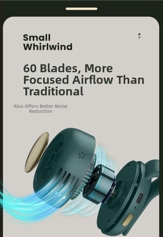 Bezlopatkový nositeľný ventilátor na krk a pás s 360° otáčaním, USB napájanie, 3 rýchlosti, vstavaná batéria 800–1000 mAh, výdrž 1–3 h