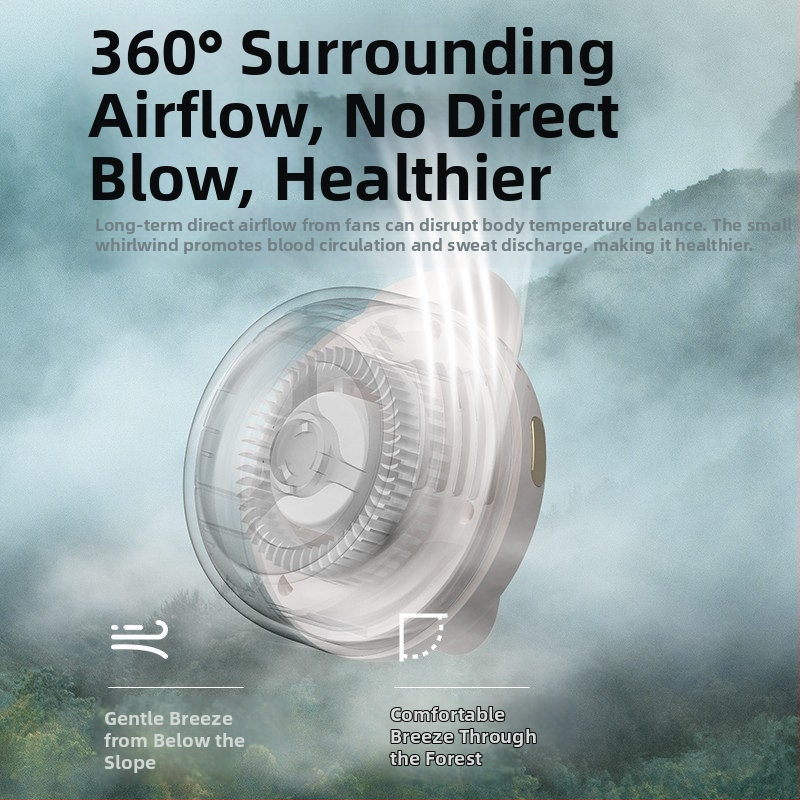 Bezlopatkový nositeľný ventilátor na krk a pás s 360° otáčaním, USB napájanie, 3 rýchlosti, vstavaná batéria 800–1000 mAh, výdrž 1–3 h