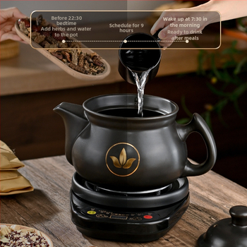 Vas electric de decoctare pentru medicina tradițională chineză, model Ldf-50b, corp din lut, recipient interior ceramic, 220V, control tactil cu microprocesor