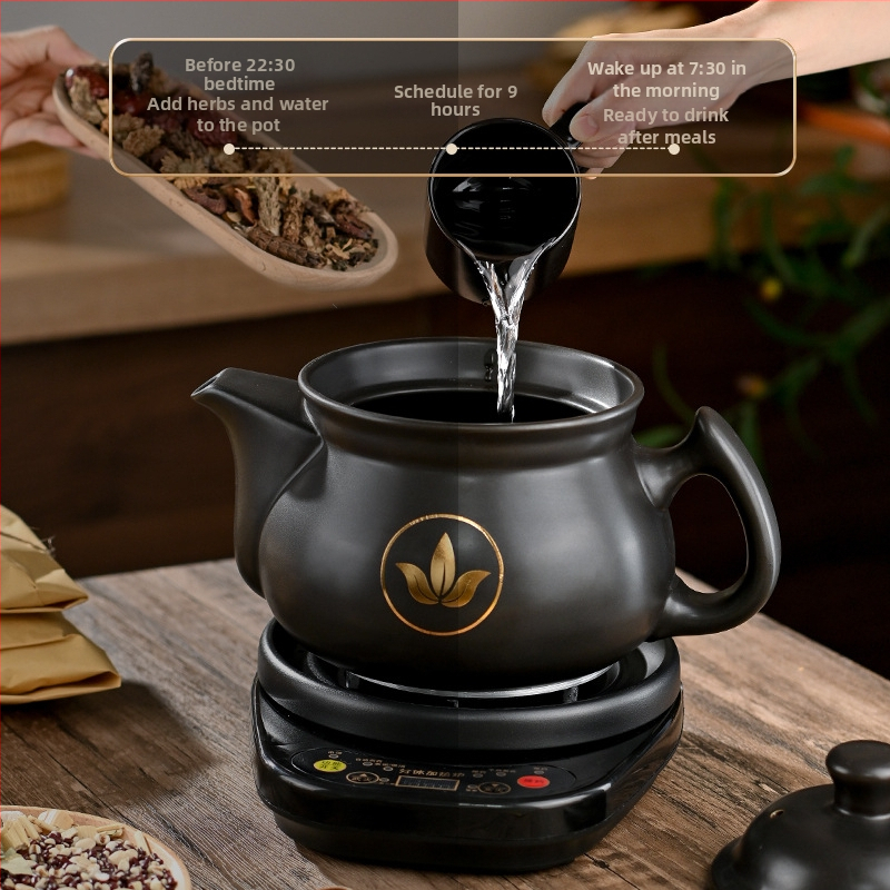 Vas electric de decoctare pentru medicina tradițională chineză, model Ldf-50b, corp din lut, recipient interior ceramic, 220V, control tactil cu microprocesor