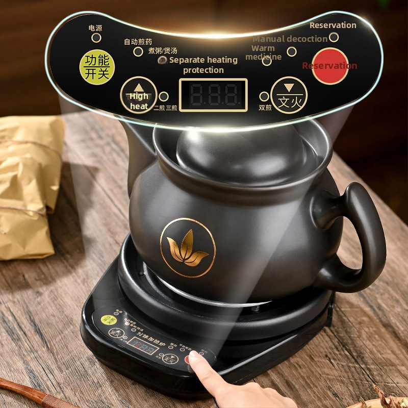 Vas electric de decoctare pentru medicina tradițională chineză, model Ldf-50b, corp din lut, recipient interior ceramic, 220V, control tactil cu microprocesor
