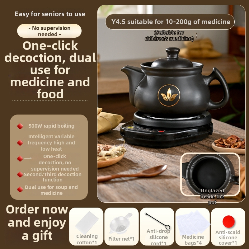 Vas electric de decoctare pentru medicina tradițională chineză, model Ldf-50b, corp din lut, recipient interior ceramic, 220V, control tactil cu microprocesor