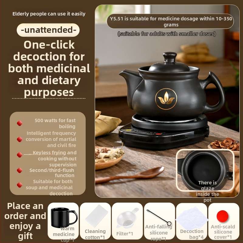 Vas electric de decoctare pentru medicina tradițională chineză, model Ldf-50b, corp din lut, recipient interior ceramic, 220V, control tactil cu microprocesor