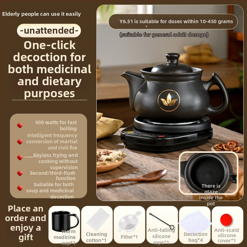 Vas electric de decoctare pentru medicina tradițională chineză, model Ldf-50b, corp din lut, recipient interior ceramic, 220V, control tactil cu microprocesor