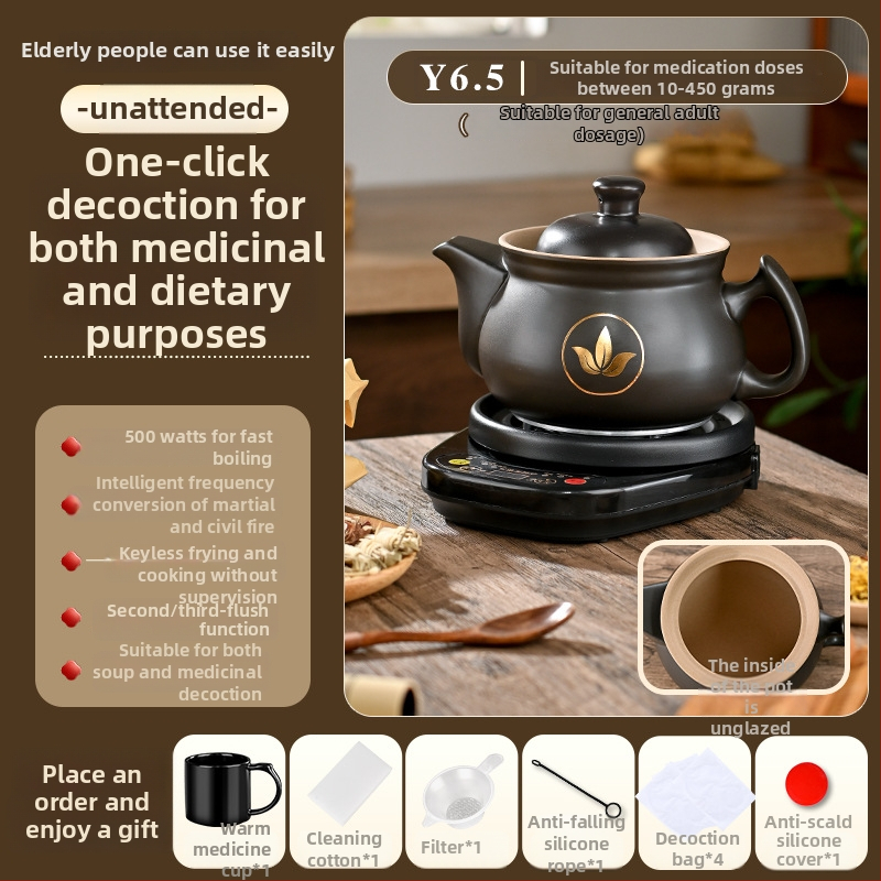 Vas electric de decoctare pentru medicina tradițională chineză, model Ldf-50b, corp din lut, recipient interior ceramic, 220V, control tactil cu microprocesor