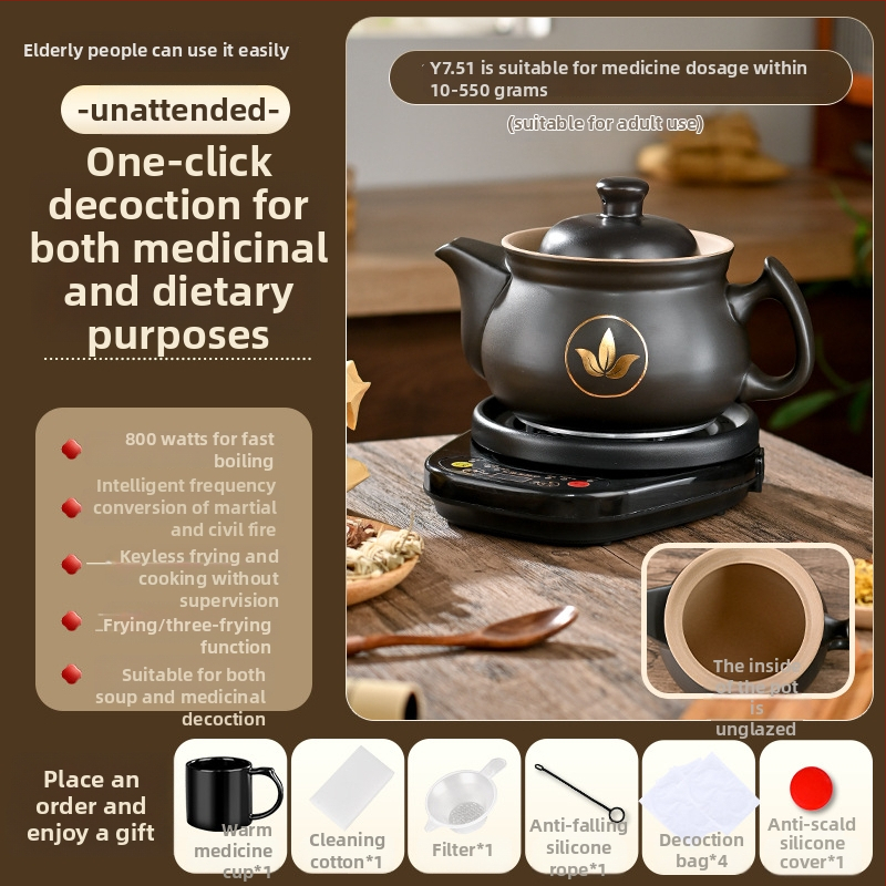 Vas electric de decoctare pentru medicina tradițională chineză, model Ldf-50b, corp din lut, recipient interior ceramic, 220V, control tactil cu microprocesor