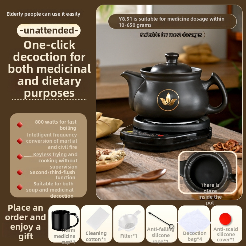 Vas electric de decoctare pentru medicina tradițională chineză, model Ldf-50b, corp din lut, recipient interior ceramic, 220V, control tactil cu microprocesor