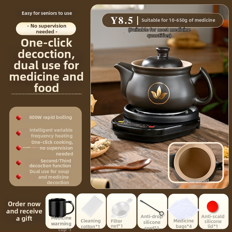 Vas electric de decoctare pentru medicina tradițională chineză, model Ldf-50b, corp din lut, recipient interior ceramic, 220V, control tactil cu microprocesor