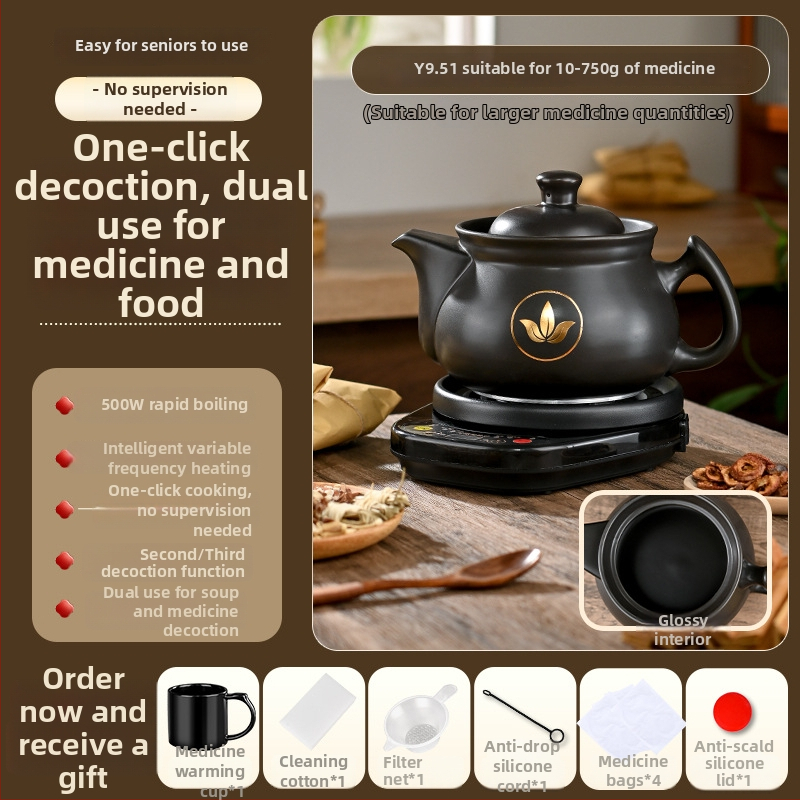 Vas electric de decoctare pentru medicina tradițională chineză, model Ldf-50b, corp din lut, recipient interior ceramic, 220V, control tactil cu microprocesor