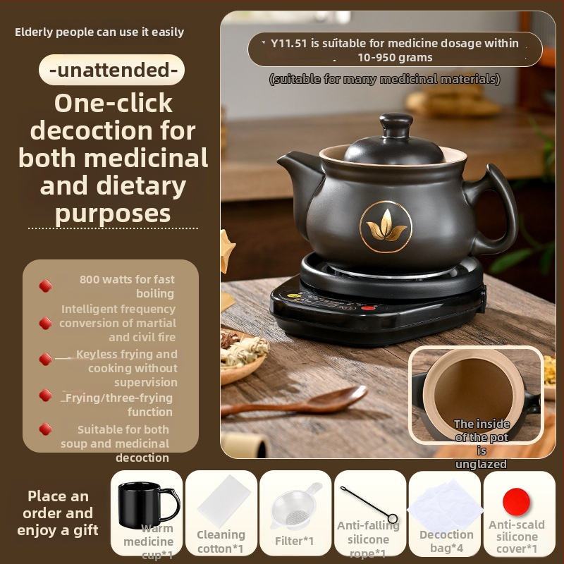 Vas electric de decoctare pentru medicina tradițională chineză, model Ldf-50b, corp din lut, recipient interior ceramic, 220V, control tactil cu microprocesor