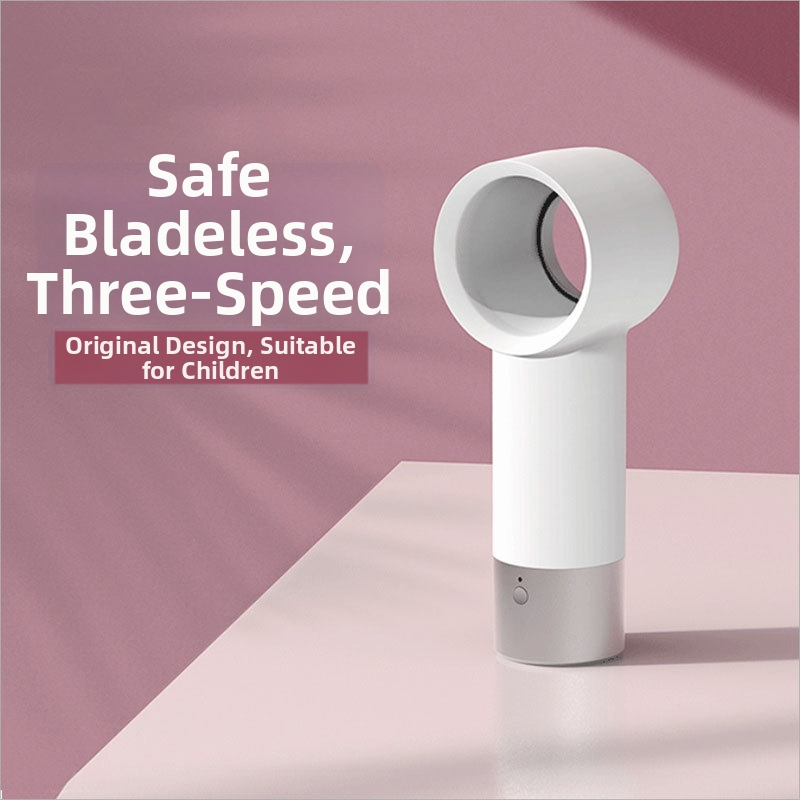 Ventilátor bez lopatiek, ručný, USB napájanie, 5V, 3W, hluk <36 dB, 3 rýchlostné stupne, vstavaná batéria 800–1000 mAh, výdrž batérie 1–3 hod, kompaktný stolný ventilátor