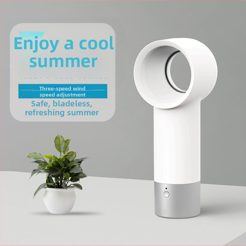 Ventilátor bez lopatiek, ručný, USB napájanie, 5V, 3W, hluk <36 dB, 3 rýchlostné stupne, vstavaná batéria 800–1000 mAh, výdrž batérie 1–3 hod, kompaktný stolný ventilátor