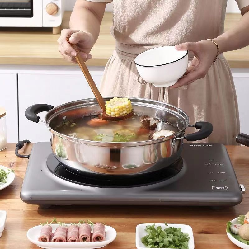 Nehrđajući čelični lonac za hot pot s poklopcem, kapacitet 4.1–6 L, stakleni poklopac, dno s jednim slojem, težina 520 g