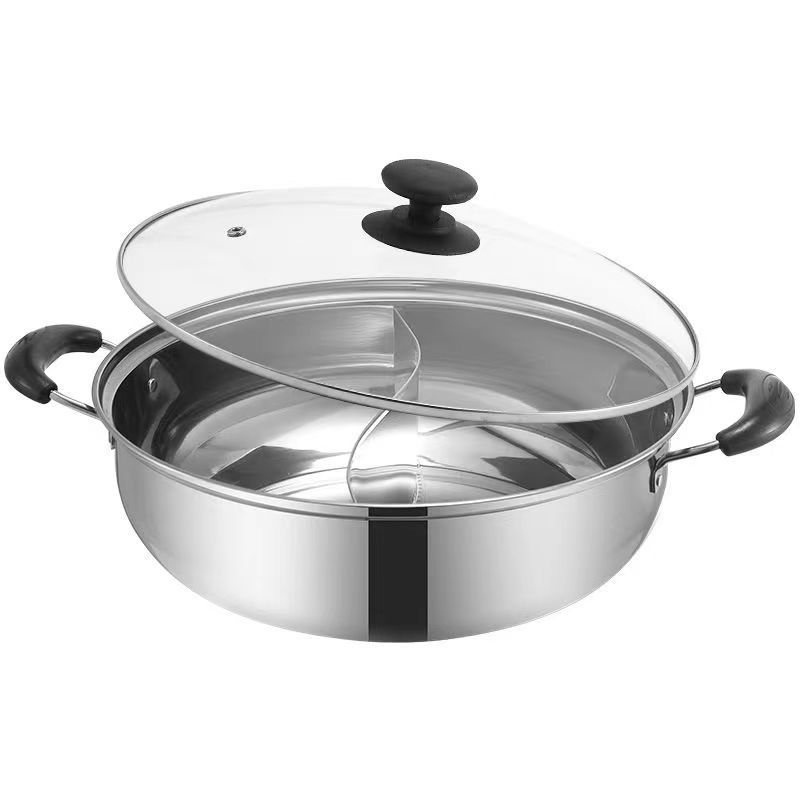 Nehrđajući čelični lonac za hot pot s poklopcem, kapacitet 4.1–6 L, stakleni poklopac, dno s jednim slojem, težina 520 g
