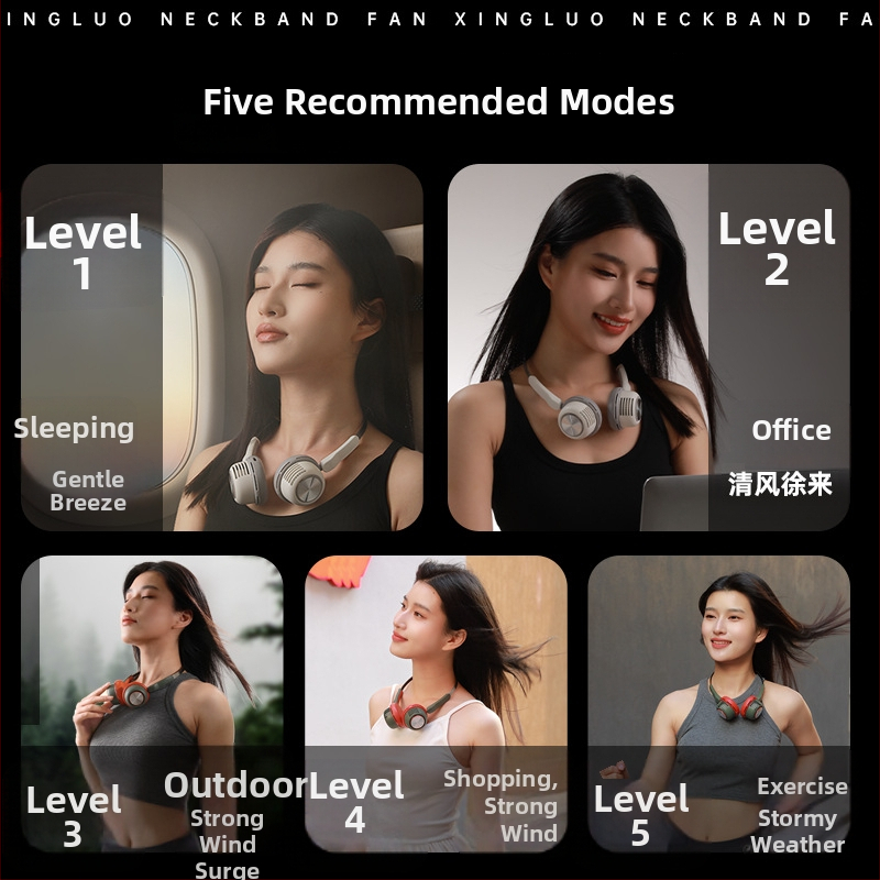 Vetrák na krk bez lopatiek, USB nabíjanie, 5V, 3,2W, 5 rýchlostí, integrovaná batéria 1200–2000 mAh
