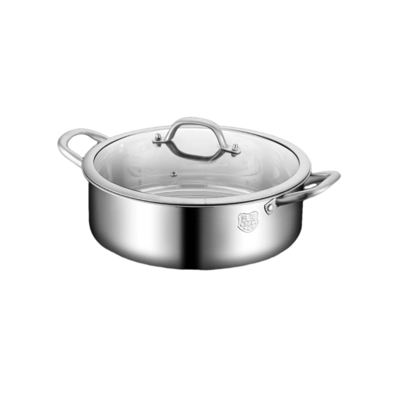 Shabu lonac od nehrđajućeg čelika 304, dvokomoran, debeo tijelo, bez premaza, proziran poklopac, veliki kapacitet 4.1–6 L i 2.1–4 L