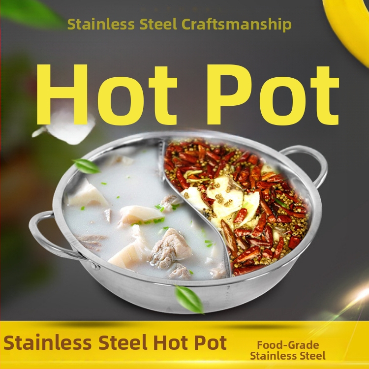 Nerezový Yin-Yang hot pot s rozdelenymi komorami pre dva chute, nepriľnavý povrch, vhodný na indukciu, sklenený kryt