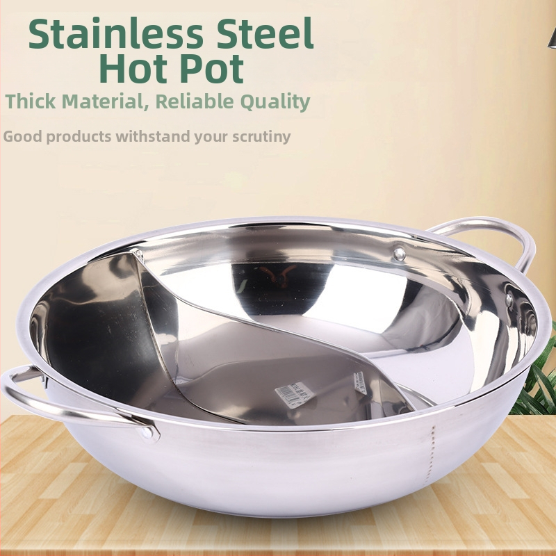 Nerezový Yin-Yang hot pot s rozdelenymi komorami pre dva chute, nepriľnavý povrch, vhodný na indukciu, sklenený kryt